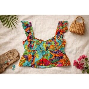 Rachel Zoe Boho Tropical Crop Top Ruffle Strap Tank Rayon Festival Resort L